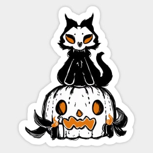 Scared pumpkin and spooky cat halloween 2022 decoration ink drawing Sticker